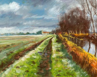 Pastel print. Winter hike to Wickhambreaux Church. Kent, England. English landscape wall art for living room. Pastel drawing.