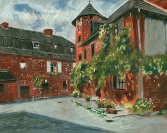 Pastel print. Collonges-la-Rouge, Dordogne Valley, France. Fine art French landscape wall art for living room. Pastel drawing.