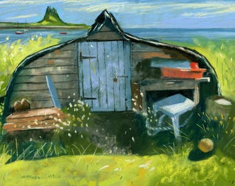 Pastel print of Holy Island Fishing Hut and Lindisfarne Castle, Northumberland, England. English landscape wall art for living room.