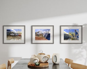 Watercolour print set. Broadstairs Harbour, Kent, England. Fine art wall decor. Living room wall art. Set of 3 prints. Gallery wall set.