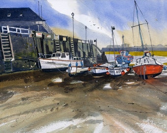 Watercolour print. Broadstairs Harbour, Kent, England. Fine art wall decor. Blue entryway wall art.