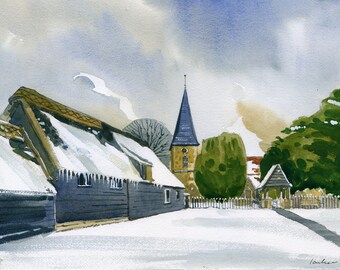 Ickham Church in the snow, Kent. Watercolour print. English landscape fine art print for the living room. Archival wall decor.