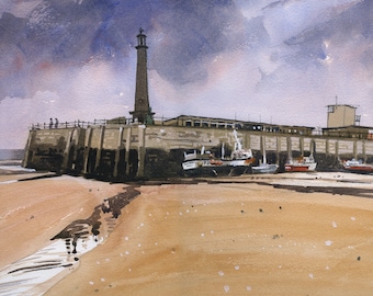 Watercolour print. Margate Harbour Arm, low tide, Kent, England. Fine art living room wall decor. Entryway archival wall art.