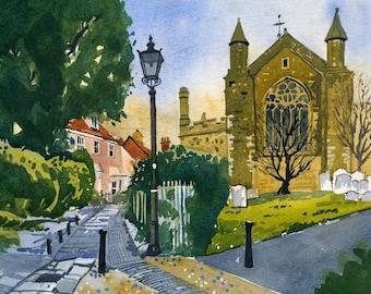 Rye Church and square, East Sussex, England. Watercolour print. English landscape. Fine art print. Living room wall art.