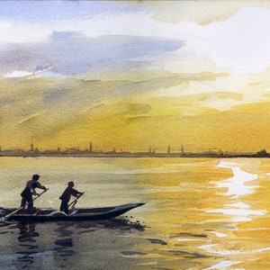 Rowing the Venetian Lagoon, watercolour print, fine art print, archival print, wall decor