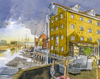Faversham Creek, Kent, England. Watercolour print. Fine art wall decor for the living room. Blue entryway wall art. Architecture print.