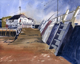 Watercolour print. Broadstairs Harbour, Kent, England. Fine art wall decor. Blue entryway wall art.