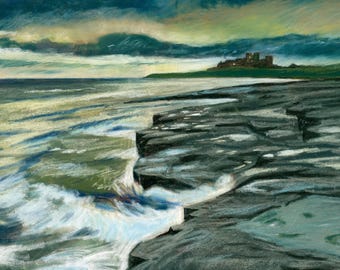 Pastel print. Bamburgh Castle at dawn. Northumberland, England. English seascape wall art for living room. Pastel painting wall decor.