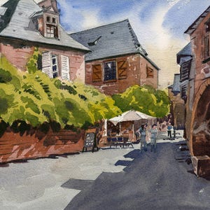 Watercolour print. Collonges-la-Rouge, Dordogne Valley, France. Fine art French landscape wall art for living room. Watercolour painting.