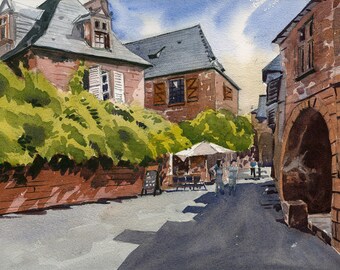 Watercolour print. Collonges-la-Rouge, Dordogne Valley, France. Fine art French landscape wall art for living room. Watercolour painting.