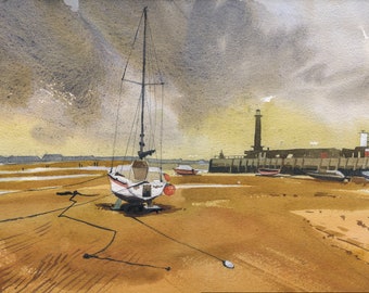 Watercolour print. Margate Harbour Arm, low tide, Kent, England. Fine art living room wall decor. Entryway archival wall art.