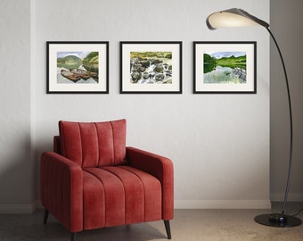 Watercolour print set. English Lake District, Cumbria, England. Fine art wall decor. Living room wall art. Set of 3 prints.