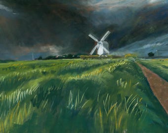 Chillenden Mill, Kent, England. Pastel print. English landscape wall art for living room. Entryway rural England wall decor. Pastel drawing.