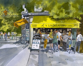 Waiting for gelato, Lugano, Switzerland. Fine art watercolour print