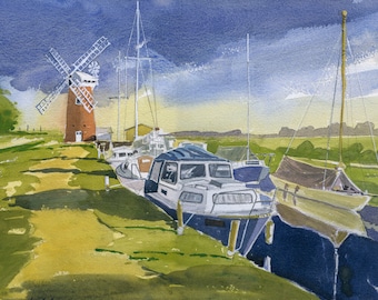 Norfolk Broads, England. Watercolour print. Horsey Mill. Windmill print. Living Room Wall art. Green entryway wall decor.
