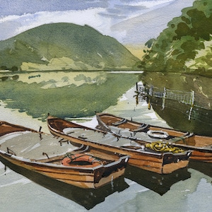 Lake District, Cumbria, Angleterre. Impression aquarelle. Bateaux sur l'eau Crummock. Décoration murale du salon. Décoration murale pour entrée. Art de la région des lacs.