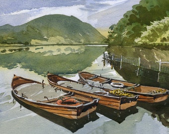 Lake District, Cumbria, England. Watercolour print. Boats on Crummock Water. Living Room Wall art. Entryway wall decor. Lake district art.