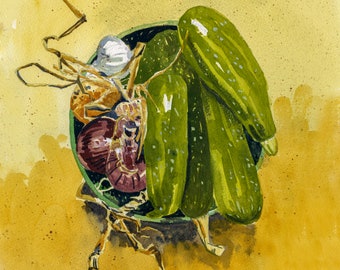 Watercolour print. Still life. Harvested veggies. Red onions, courgettes, garlic. Kitchen wall art. Entryway wall decor.