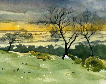 Winter sunset on Postling Down, Kent, England. Watercolour print. English winter landscape. Fine art print. Sunset wall art.