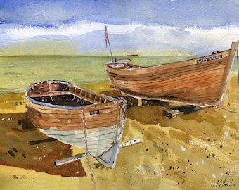 Watercolour print. Deal Beach with boats, Kent, England. Fine art living room wall decor. Entryway archival wall art.