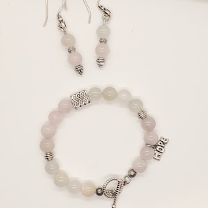 Handmade Rose Quartz, Moonstone Gemstone, Earrings, Bracelet Set, Wife gift, Gift idea, Custom, Charm, Women&#39;s jewelry, White, Pink