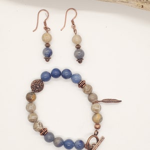 Handmade Blue Aventurine, Jade gemstone, Earrings, Bracelet set, Wife gift, Gift idea, Unusual jewelry, Mother&#39;s gift, Blue, Tan, Birthday
