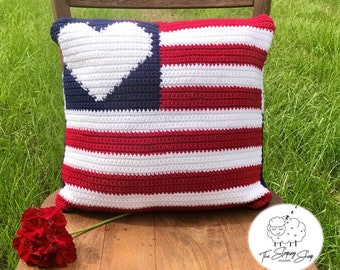 American flag crochet pillow cover pattern, crochet pillow cover, Fourth of July decor, intarsia crochet, throw pillow, 16 x 16 pillow
