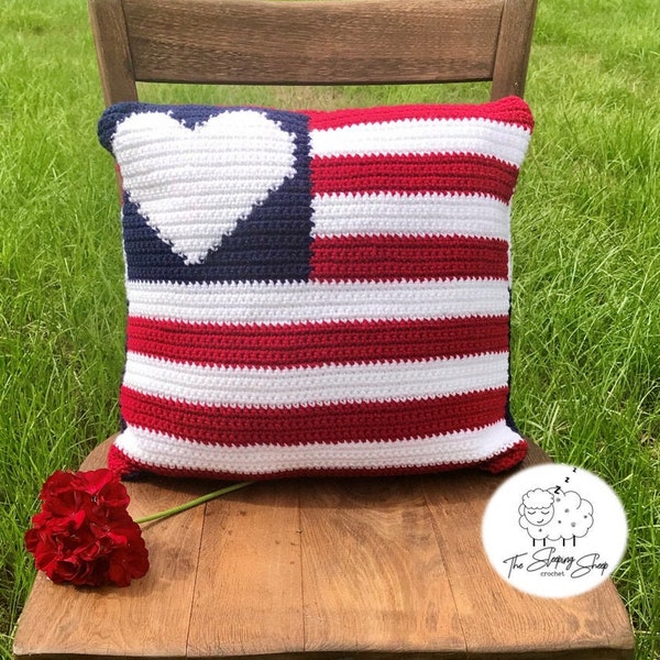 American flag crochet pillow cover pattern, crochet pillow cover, Fourth of July decor, intarsia crochet, throw pillow, 16 x 16 pillow