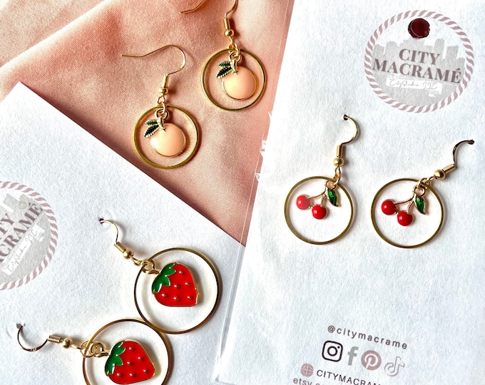 Featured listing image: Fruit Earrings, Georgia Peach, Strawberry Earrings, Cherry Earrings, Pineapple Earrings, Lemon Earrings, Food earrings, Watermelon Earrings