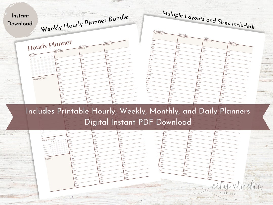 Weekly Planner Printable, Daily Hourly Planner, Undated Planner, Week