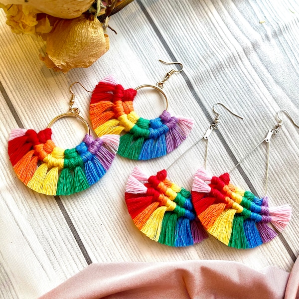 Rainbow Earrings, Triangle Drop Earrings, Macrame Earrings, Gay Pride Earrings, LGBTQ+ Multicolor Earrings, Gold Triangle, Silver Triangle