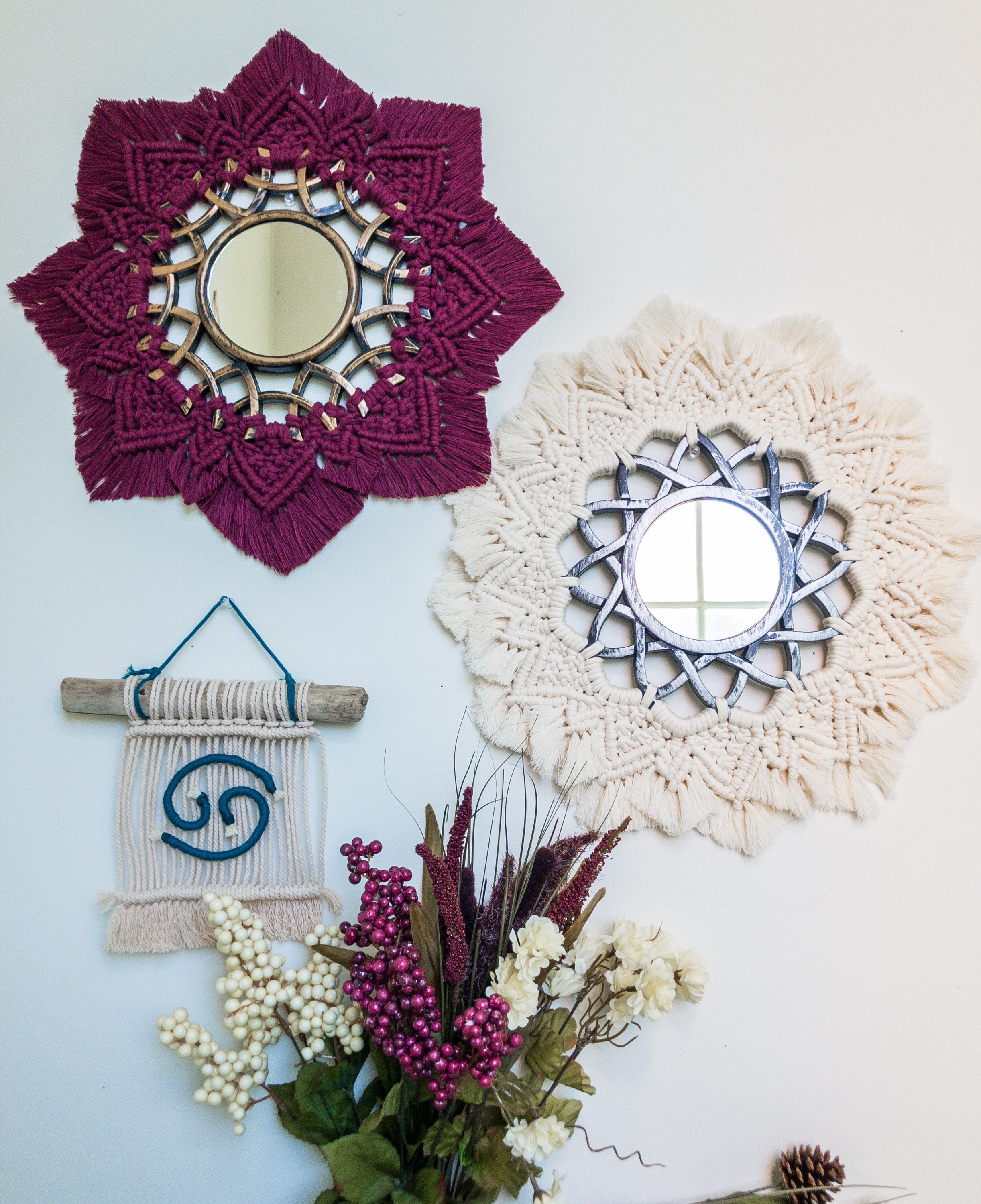 Macrame Mirror, Round Gold Mirror, Silver Wall Mirror, Circle Mirror