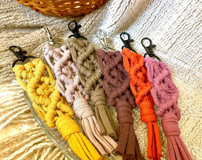 Featured listing image: Macrame Keychain, Eco Friendly Gifts, Purse Charm, Macrame Keyring, Bag Charm, Key Ring, Key Chain, Bridesmaid Gifts, Woven Keychain