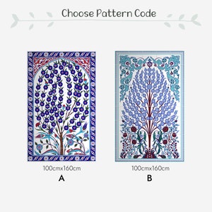 May include: Two decorative ceramic tile panels, each 100cm x 160cm (39.37in x 62.99in), feature intricate floral designs. One panel has a tree with blue flowers, the other a tree with blue circular patterns. The text "Choose Pattern Code" is at the top.