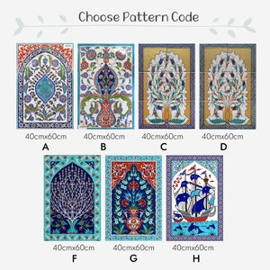 May include: Eight different tile designs with intricate floral patterns and a ship design. Each tile measures 40 cm by 60 cm. The tiles are made of ceramic and have a glossy finish.