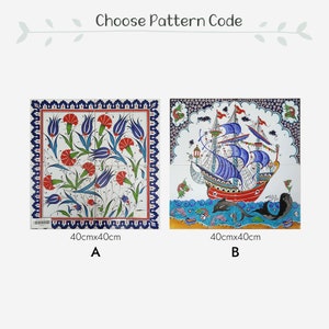 May include: Two decorative ceramic tiles, each 40cm x 40cm. One features red flowers and blue tulips on a white background with a blue border. The other depicts a red ship sailing on blue water with dolphins. Text reads "Choose Pattern Code".