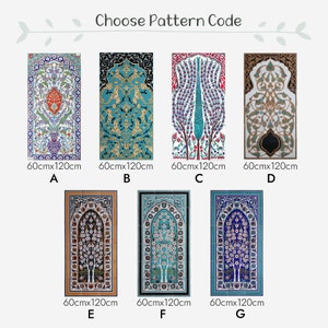 May include: Seven different tile patterns with intricate floral designs in shades of blue, green, red, and gold. Each tile measures 60 cm by 120 cm. The tiles are labeled A through G.