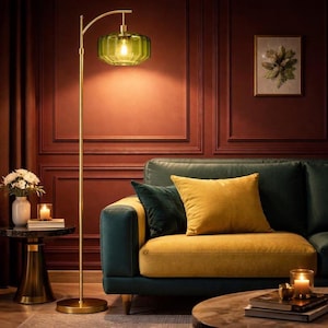 Dimmable Mid Century Modern Standing Lamp - Gold base with Green Glass Shade - customizable