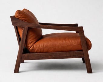 Luxury Wooden Lounge Chair with Premium Leather Cushions – Modern Brown Accent Armchair