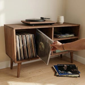 Mid Century Record Player Stand: Vinyl Storage Cabinet, Wooden Console