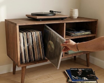 Mid Century Record Player Stand: Vinyl Storage Cabinet, Wooden Console