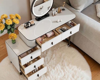 Modern Makeup Vanity Table with Swivel Mirror and Storage Drawers