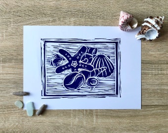 Seashells Handmade Lino Print