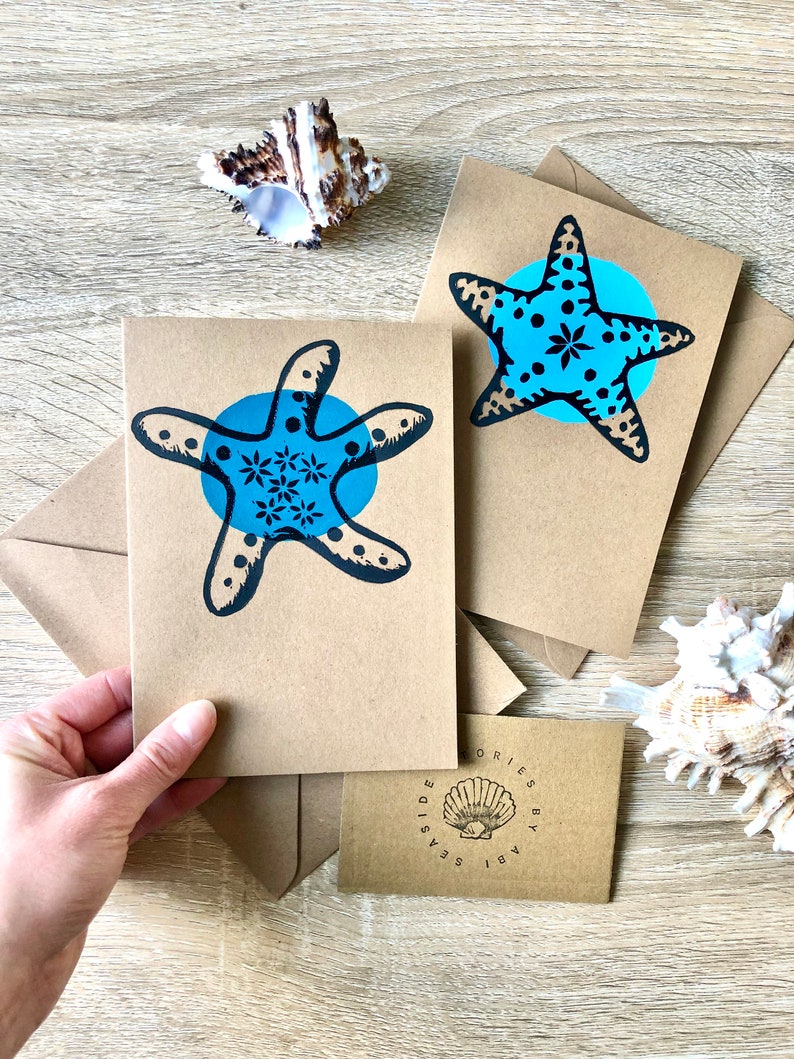 Pack of 2: Starfish greetings card Handmade lino printed cards Set of 2 image 3