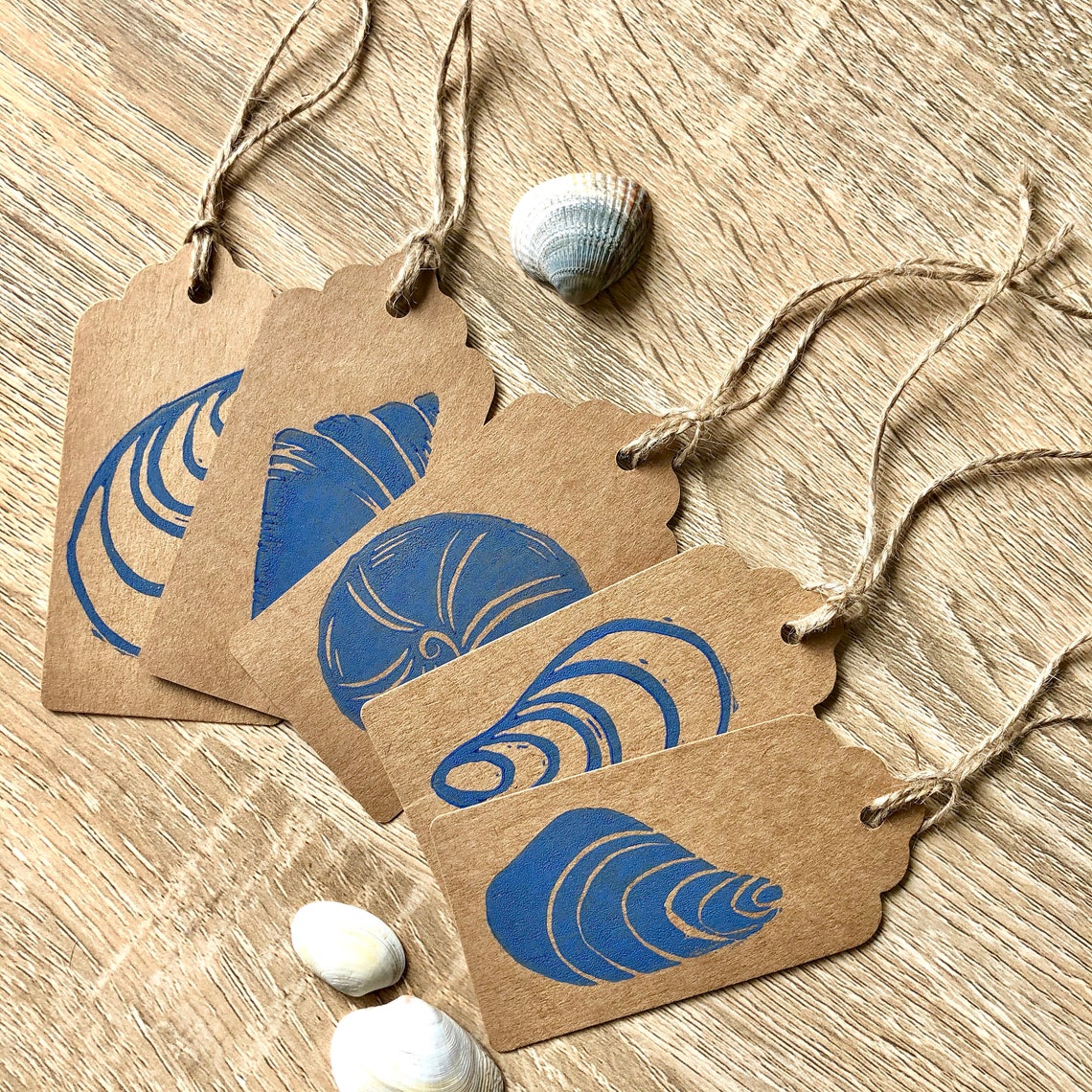Blue Seashell Gift Tags Linoprinted - Etsy