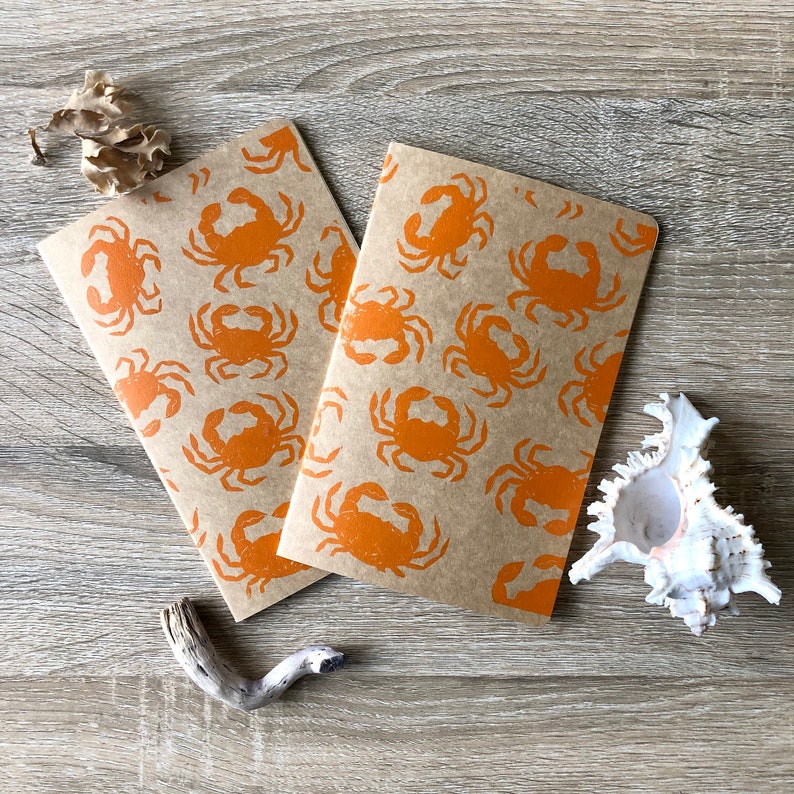 Lino Printed Notebook with lined pages Crabs image 1