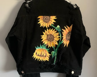 Sunflowers Jacket, Floral Custom Jacket, Personalized Denim Jacket, Hand Painted