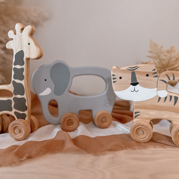 Animal Wheel Toys | Giraffe Wheel Toy | Wooden Animal Figure | Montessori Pretend Play | Tiger Wheel Toy | Elephant Wheel Toy