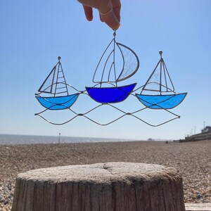 Three Boats Stained Glass Ship Seaside Suncatcher Decoration Ornament Gift