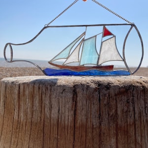 Ship in a Bottle Stained Glass Seaside Decoration Ornament Gift